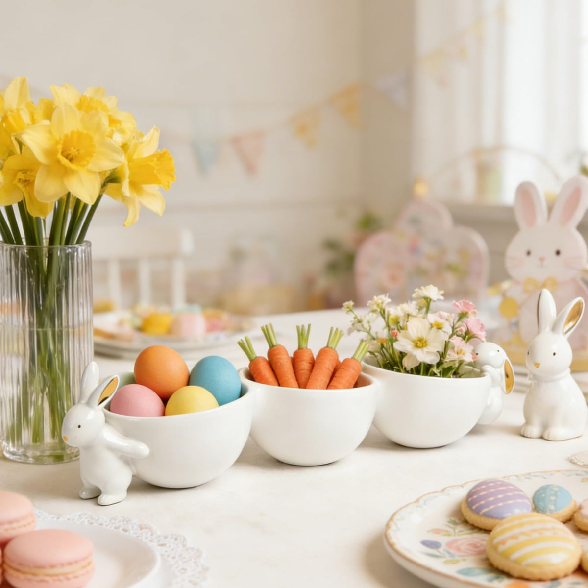 Newman House Studio white ceramic bowls with bunnies add simple elegance for snacks.
