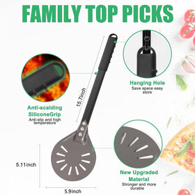 Newmeto silicone handle cover protects hands during pizza transfers.