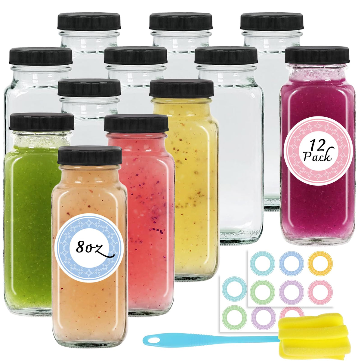 NEWMIAO 12-pack glass bottles with lids for versatile storage and travel.