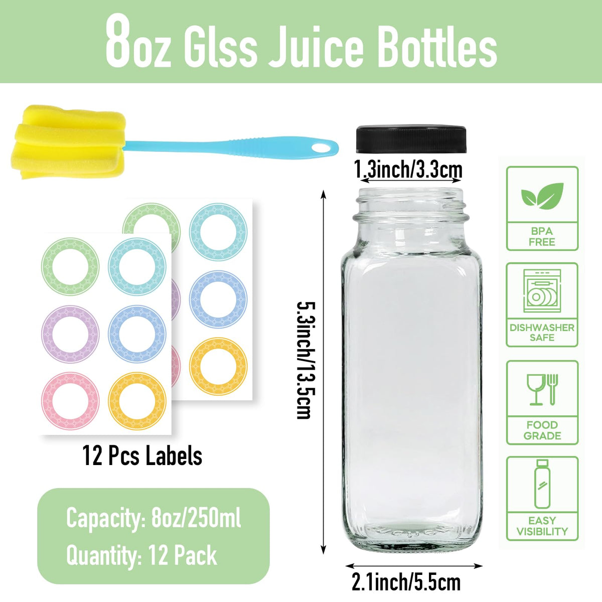 NEWMIAO glass juice bottles with brush for easy cleaning.