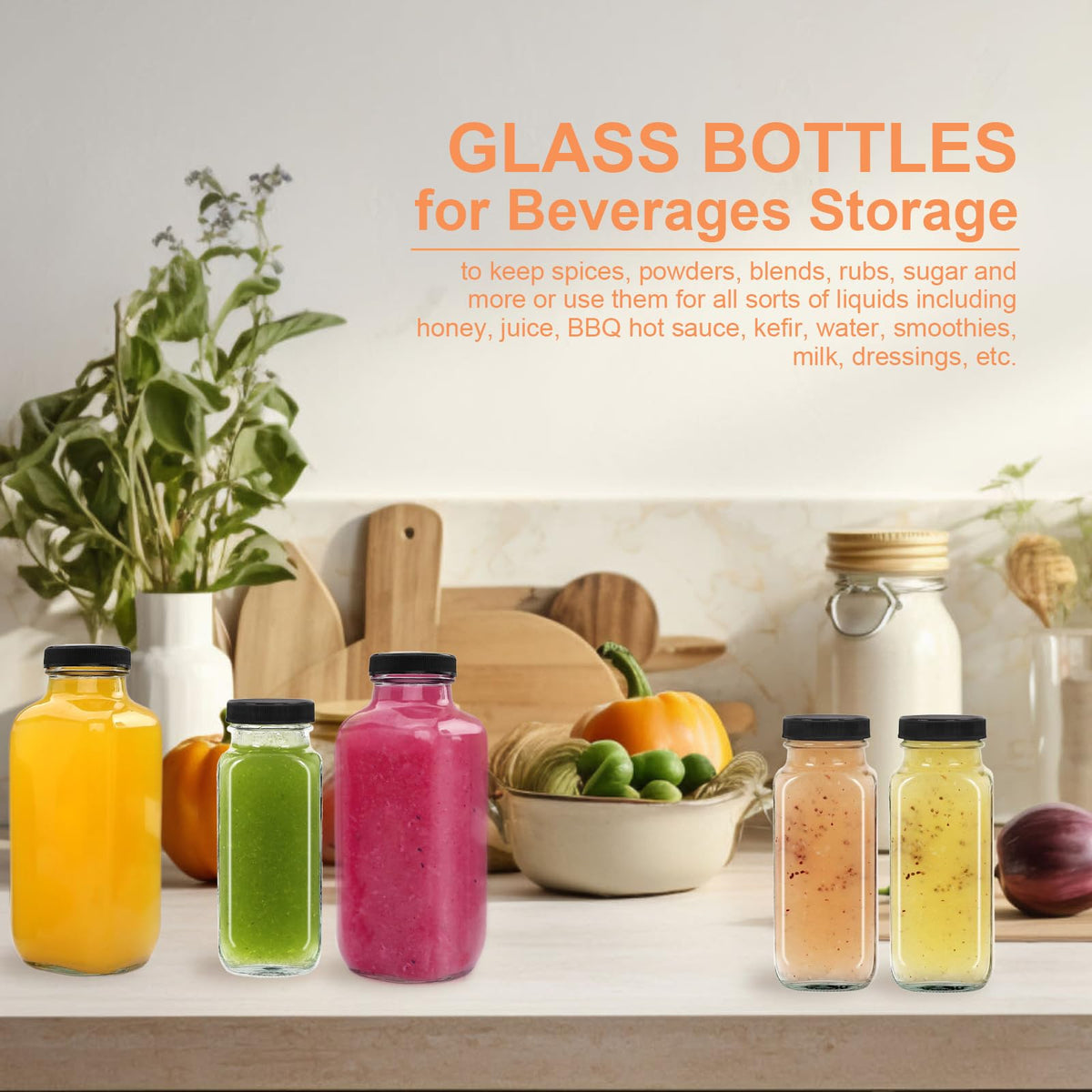NEWMIAO multi-purpose glass bottles for spices, sauces, or drinks.
