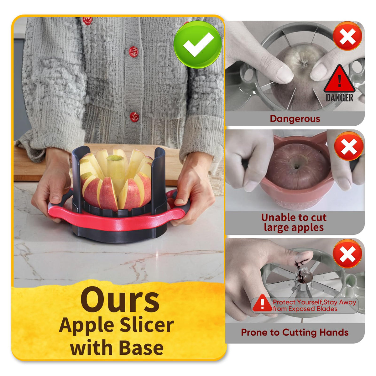 Newness apple slicer base design shows full bottom cut for clean slices