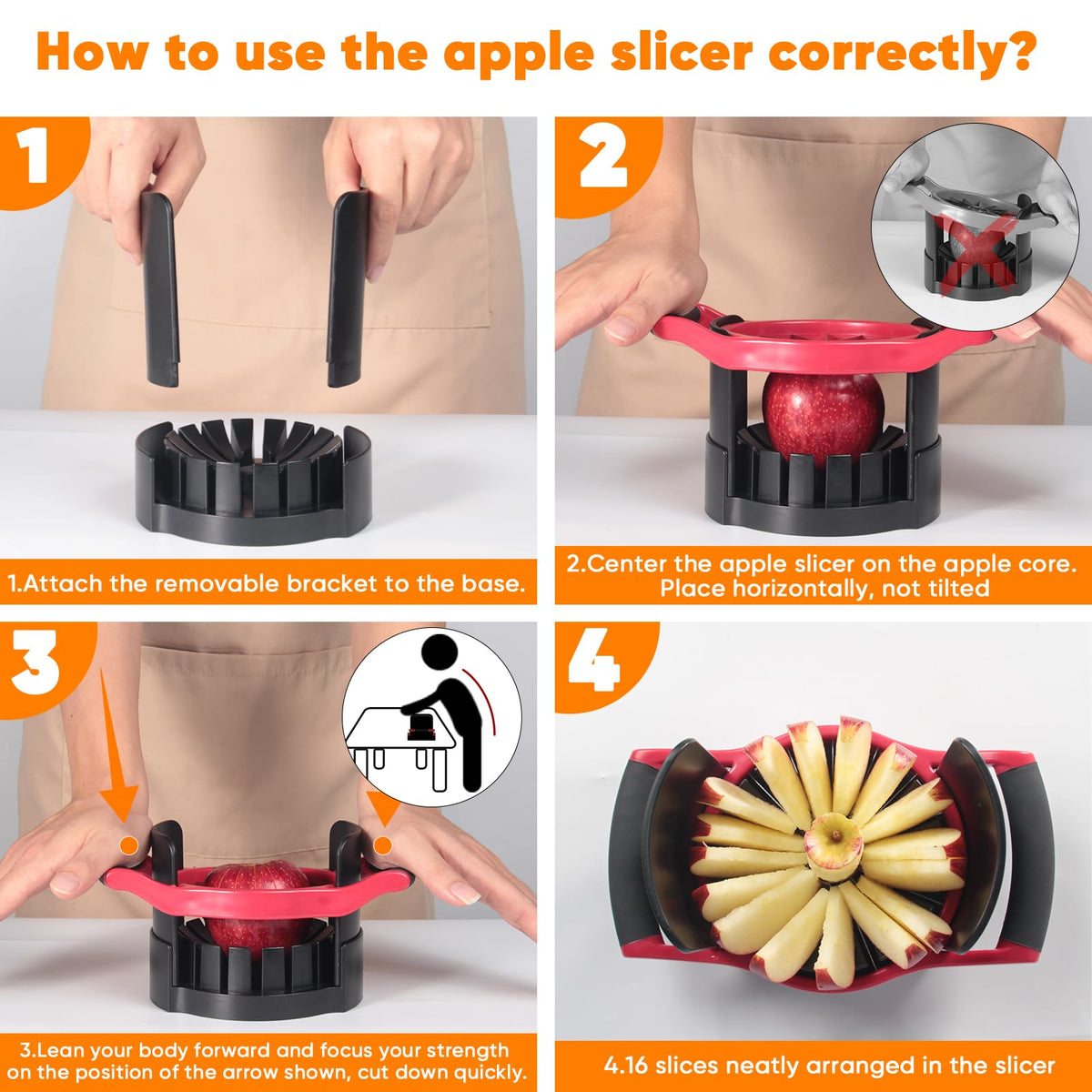 Newness blade-embedded-base design ensures clean cuts through whole apples.