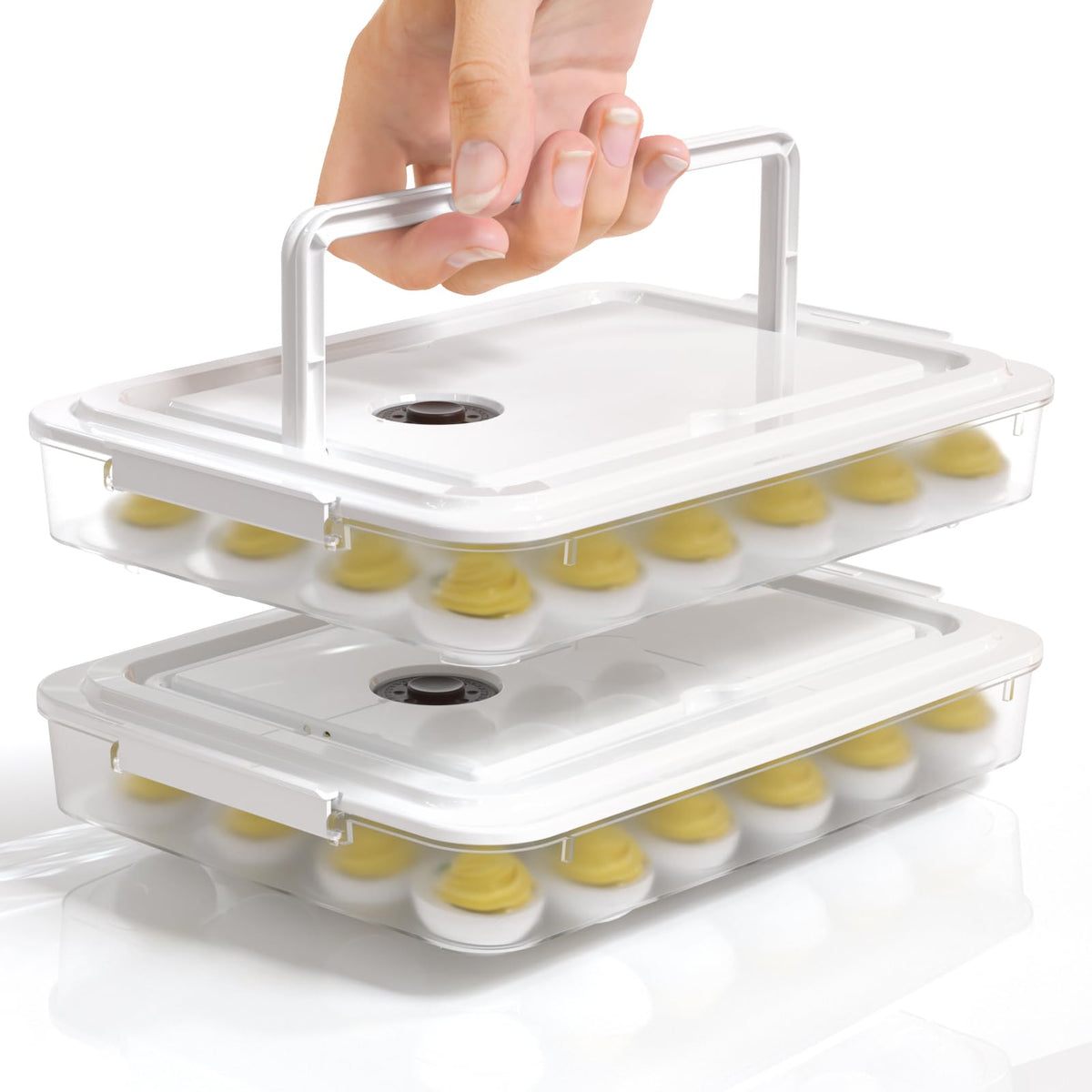 Newness deviled egg containers with lid enable 48-egg storage.
