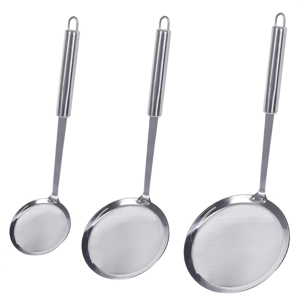 Newness fine mesh skimmer spoon three-pack set demonstrates versatile kitchen sizes.