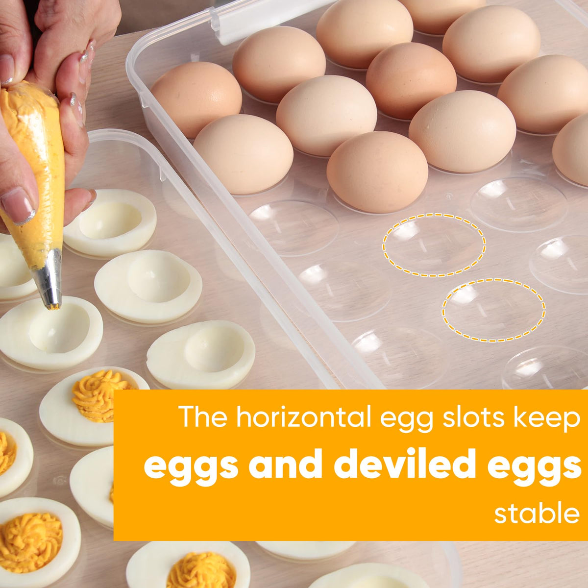 Newness fridge stackable egg holder keeps eggs organized.