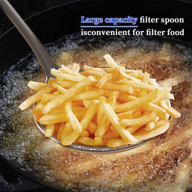 Newness kitchen skimmer in action for draining liquids efficiently