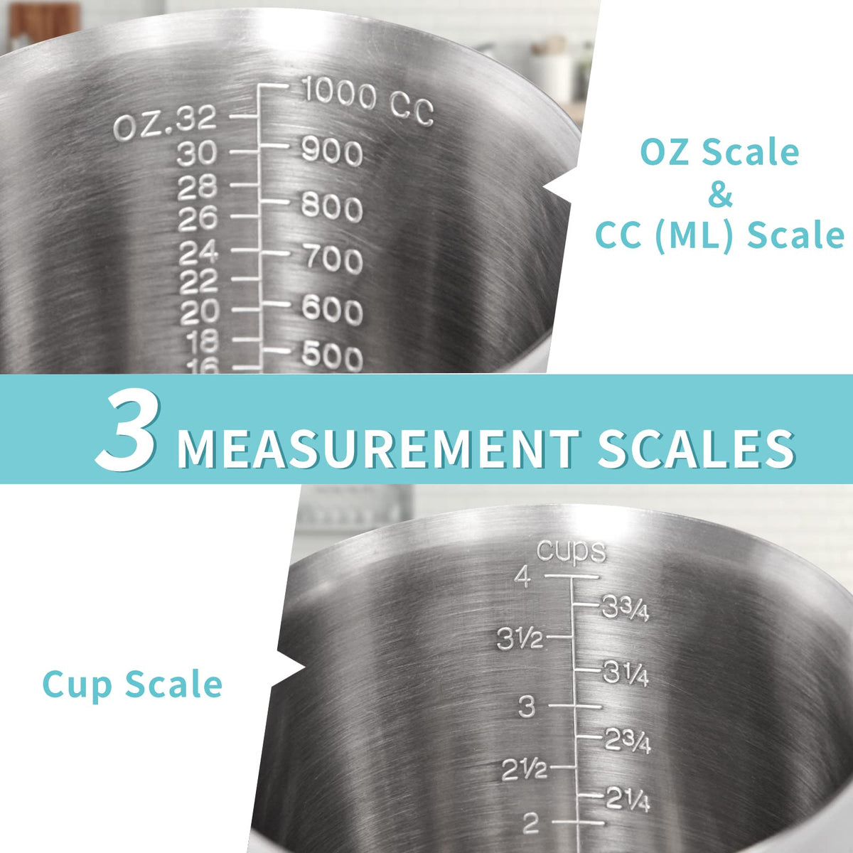 Newness measuring cup with angled handle for secure pouring.