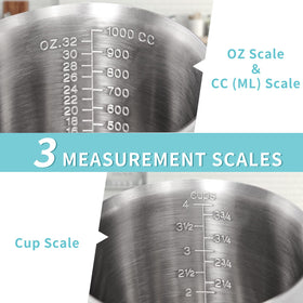 Newness measuring cup with angled handle for secure pouring.