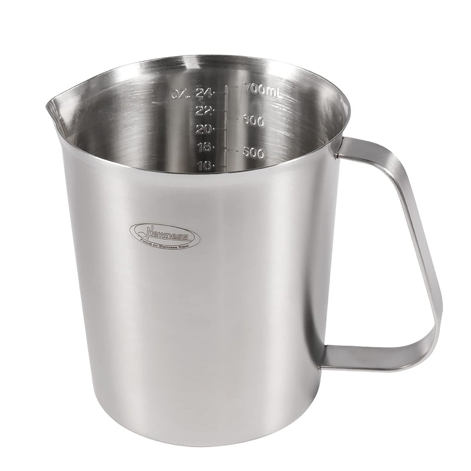 Newness measuring cup with upgraded oz-ml-cup scale for precise cooking measurements.