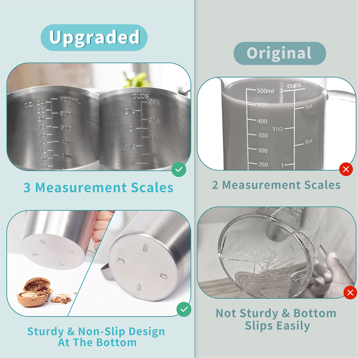 Newness measuring cup features a wide mouth for easy filling and cleaning.