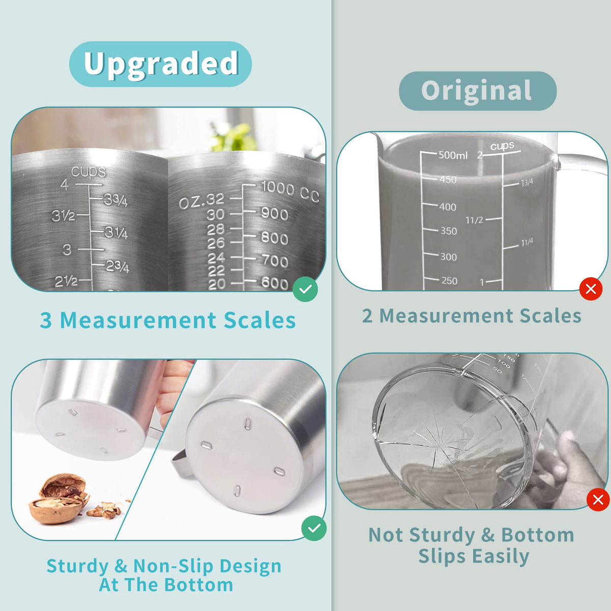 Newness measuring cup wide mouth for easy filling and cleaning.