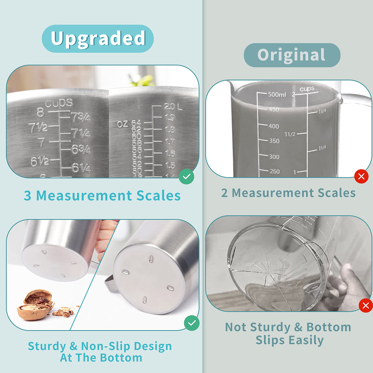 Newness measuring cup wide mouth for easy filling and quick cleaning.