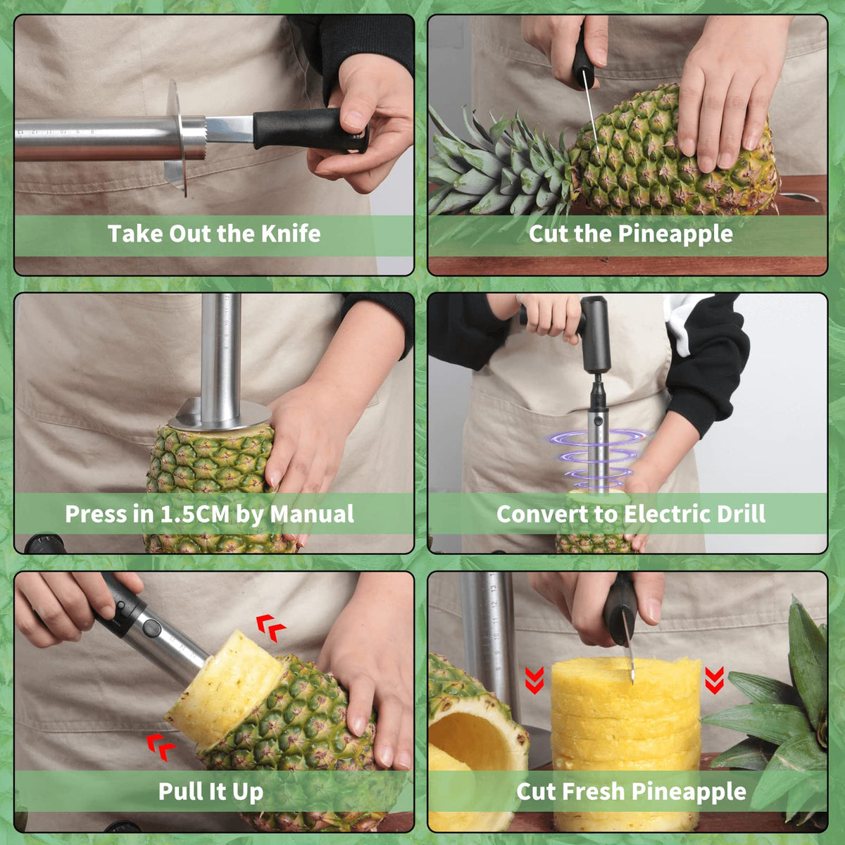 Newness Pineapple Corer works manually or with drill for quick prep.