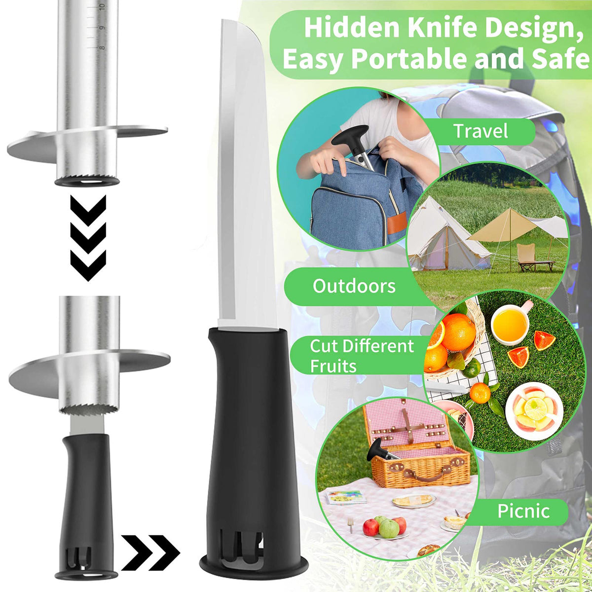 Newness Pineapple Corer measures depth with marks for precise core removal and shell preservation.