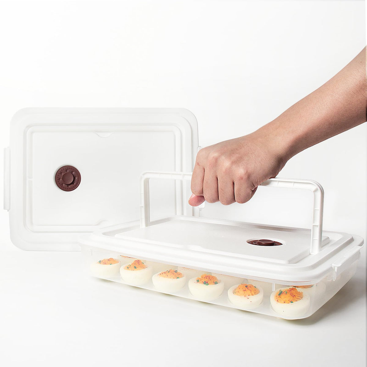 Newness protective storage for deviled eggs on the move.
