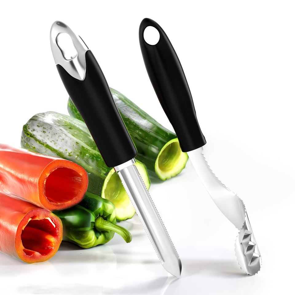 Newness stainless steel pepper corer shows precise hollowing for quick seed removal