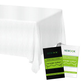 NEWOOK disposable white rectangle tablecloth 54x108 on a dining table for quick cleanup.