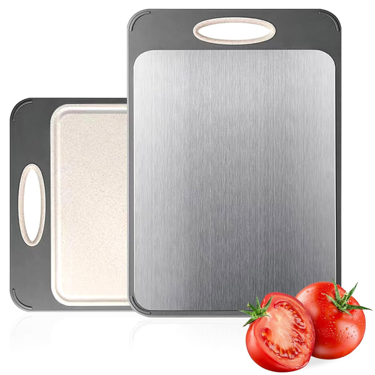 Newraturner double-sided cutting board with stainless steel face for raw meat prep.