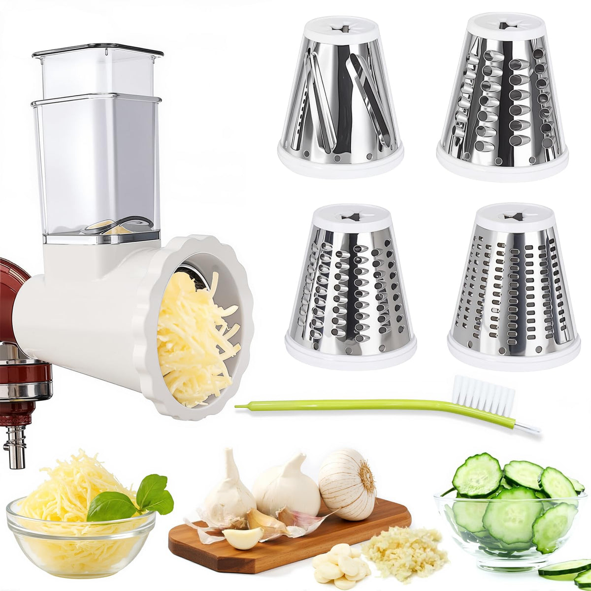 NEWSETS cheese grater slicer attachment mounted on KitchenAid for versatile prep.