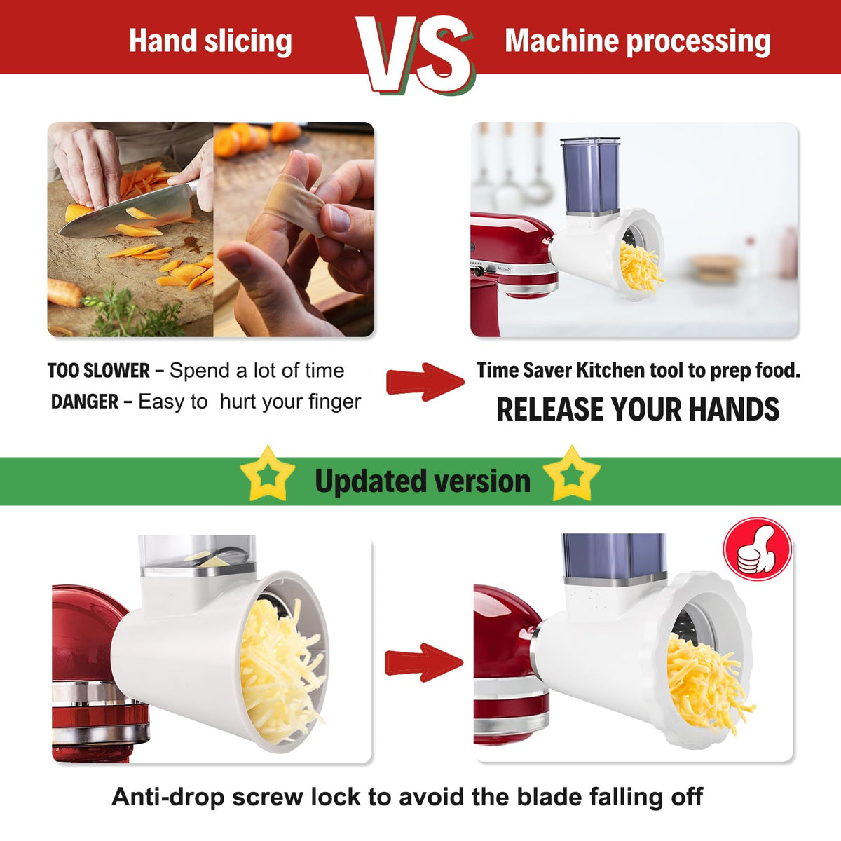 Four stainless blades enable slicing, shredding, and grinding with precision.