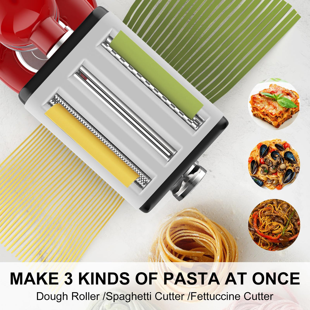NEWSETS fettuccine cutter producing wide ribbons with consistent width.