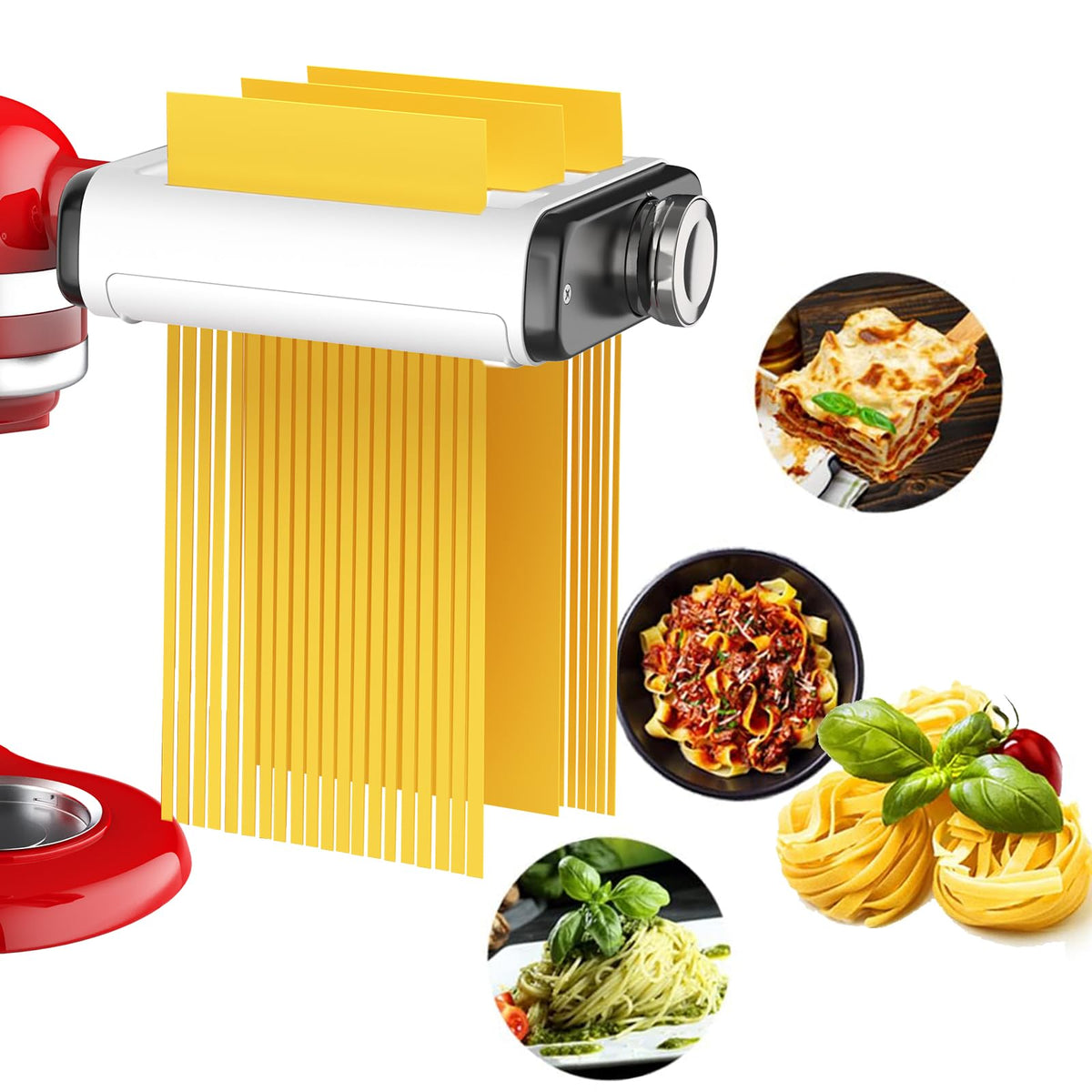 NEWSETS pasta maker attachment on a KitchenAid mixer for smooth dough rolling.