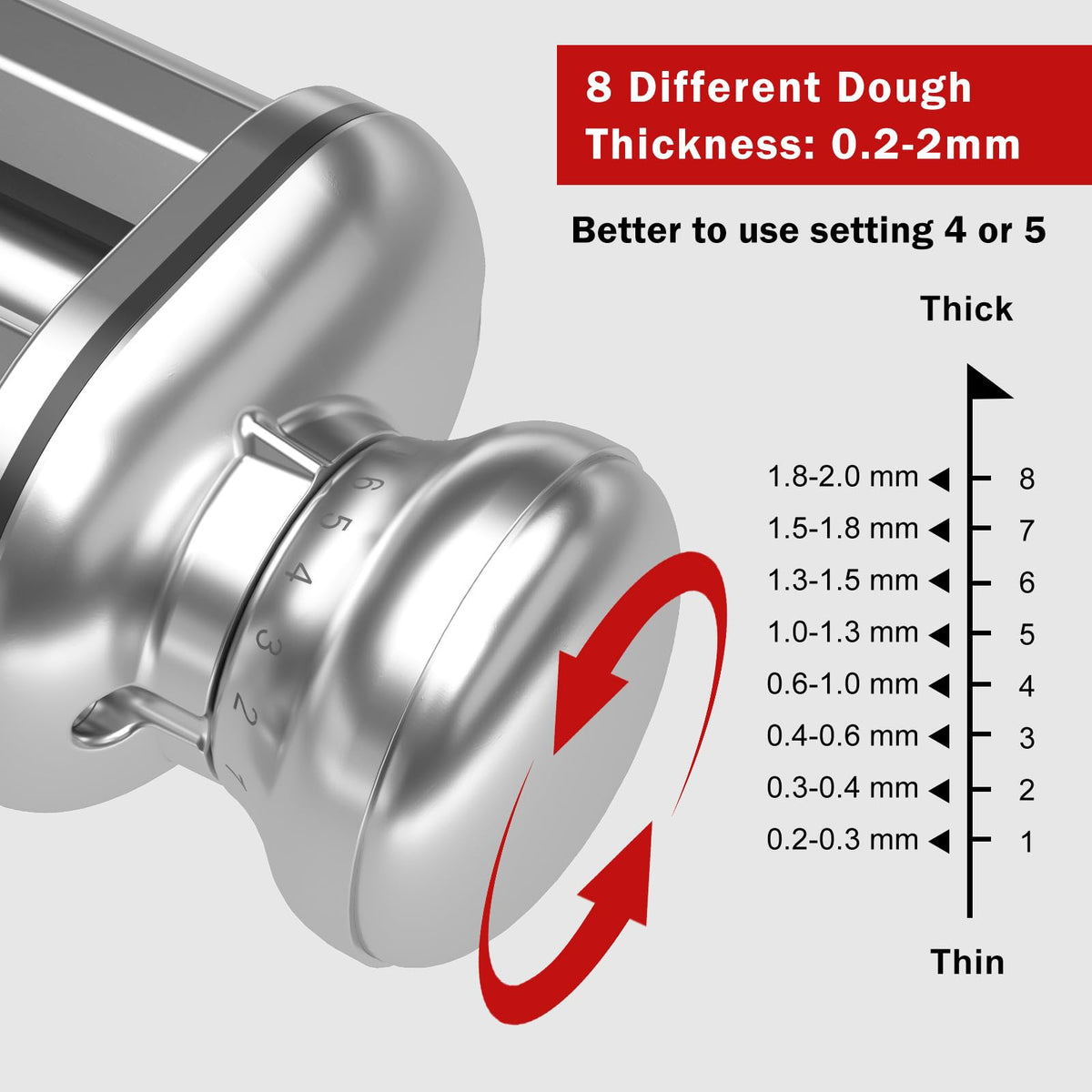 NEWSETS pasta roller thickness settings knob showcasing eight options for dough control.