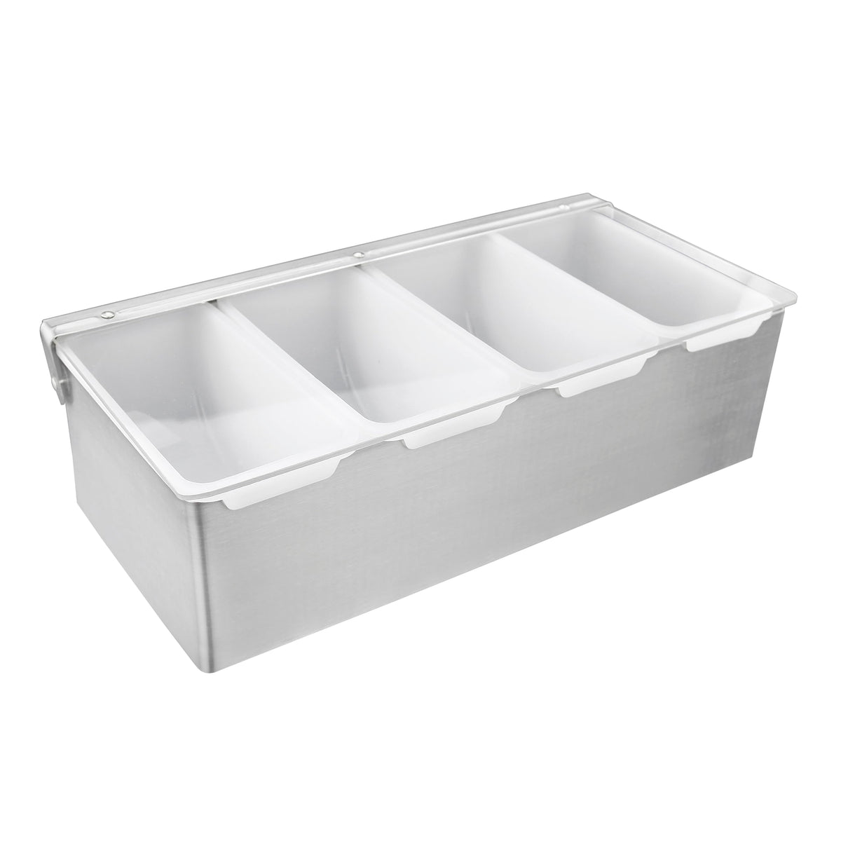 New Star 48025 stainless steel condiment dispenser with four compartments for organized bar prep.