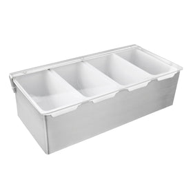 New Star 48025 stainless steel condiment dispenser with four compartments for organized bar prep.