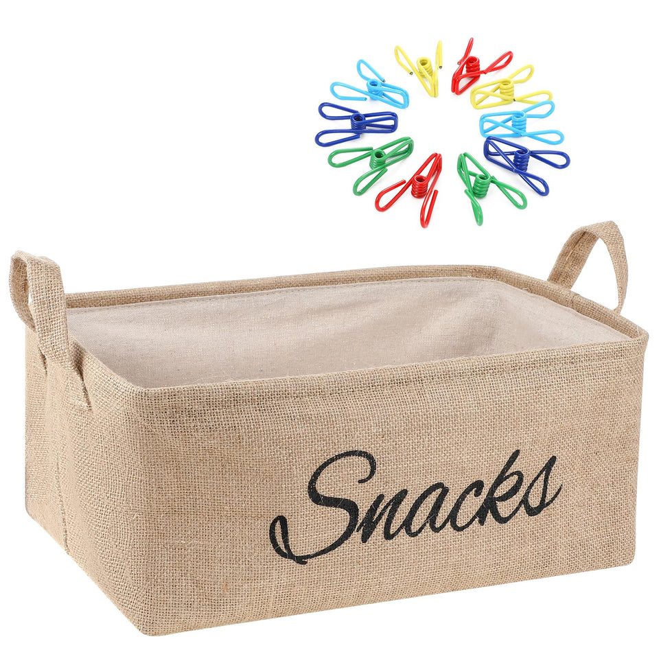 Newtay burlap snack basket for organized pantry and easy access.