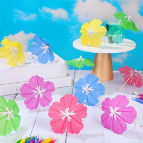 Newtay wooden sticks with bright parasols for party garnishes.
