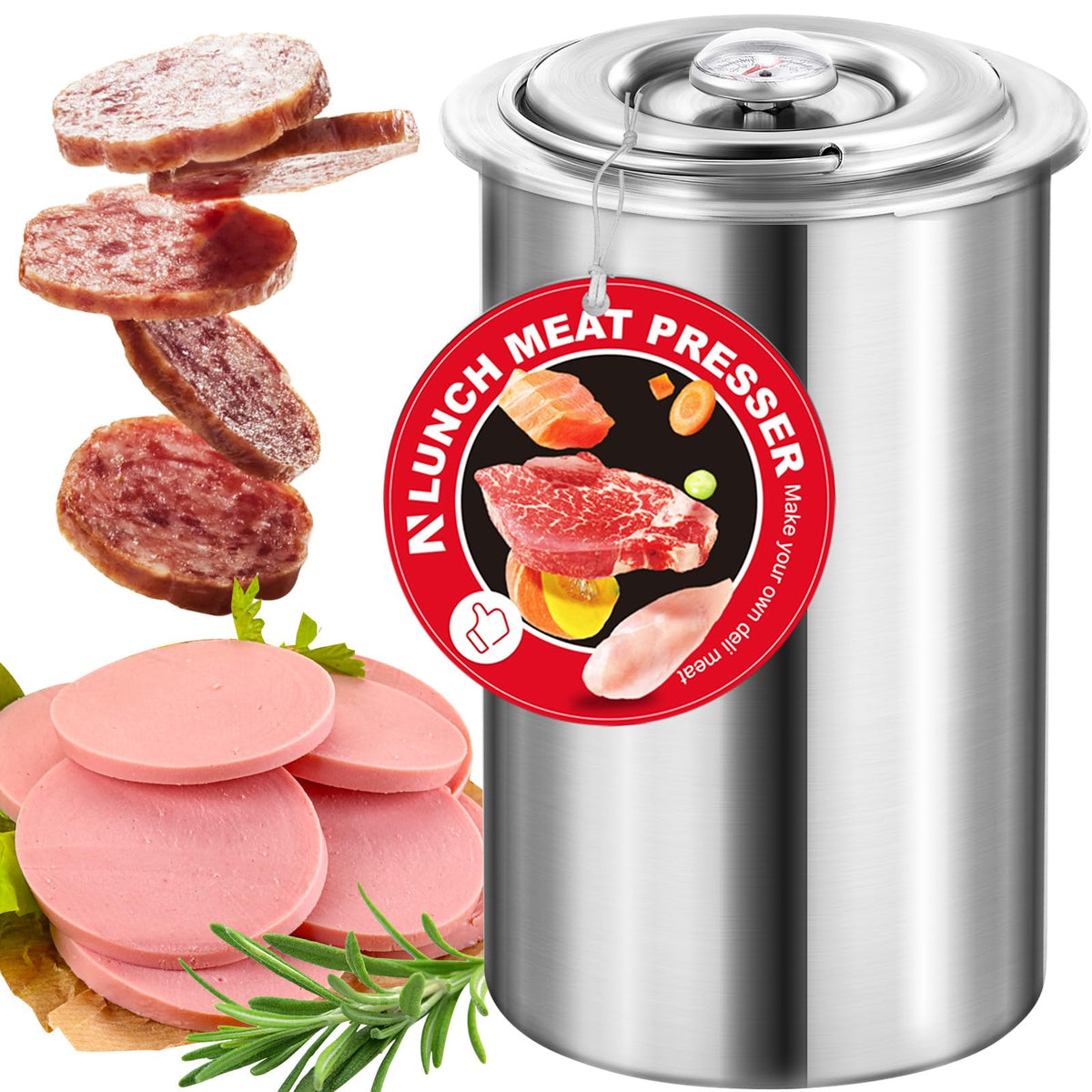 NEWTRY Meat Press front view showing durable stainless steel body for home use