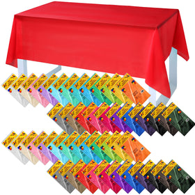 Newwiee 46-pack colorful tablecloths laid over a rectangle table for a vibrant party