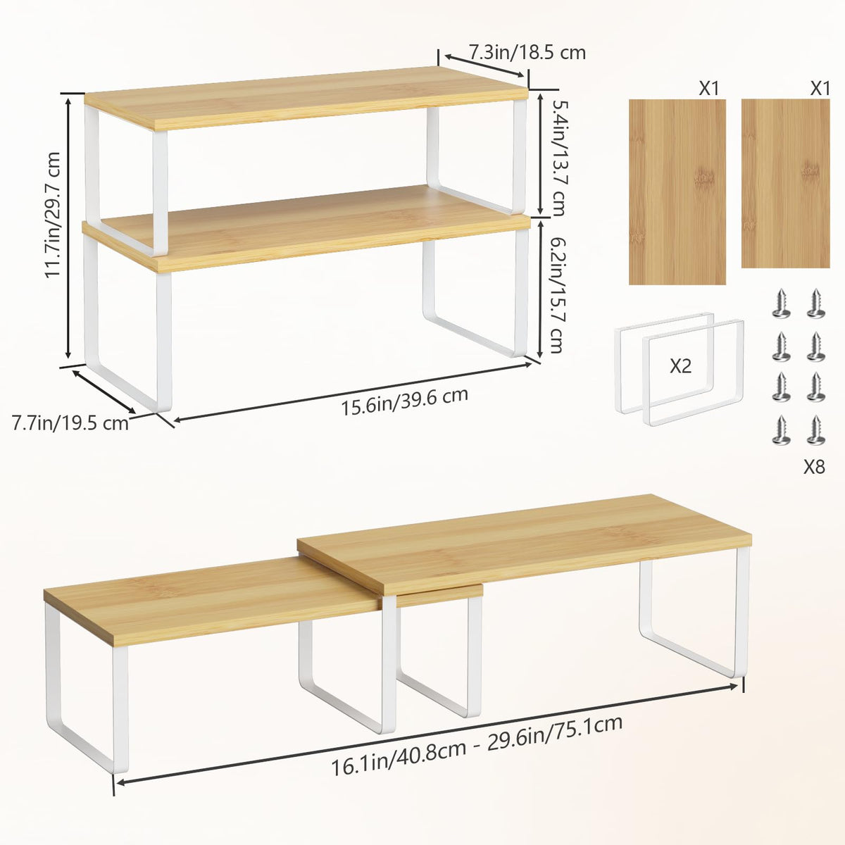 NEX Bamboo shelf expandable length from 16.1in to 29.1in for space fit