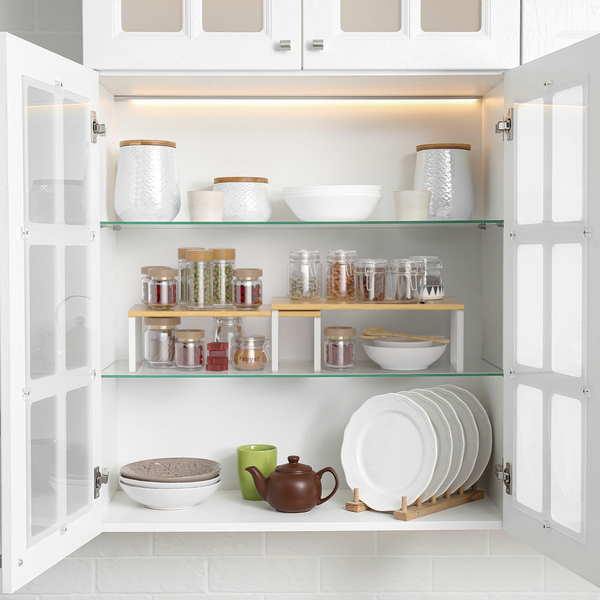 NEX Bamboo cabinet shelf stackable two-tier design enables flexible kitchen storage