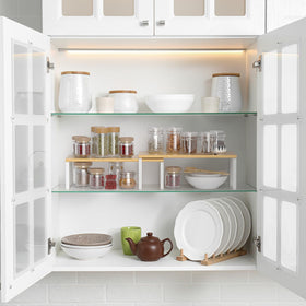 NEX Bamboo cabinet shelf stackable two-tier design enables flexible kitchen storage