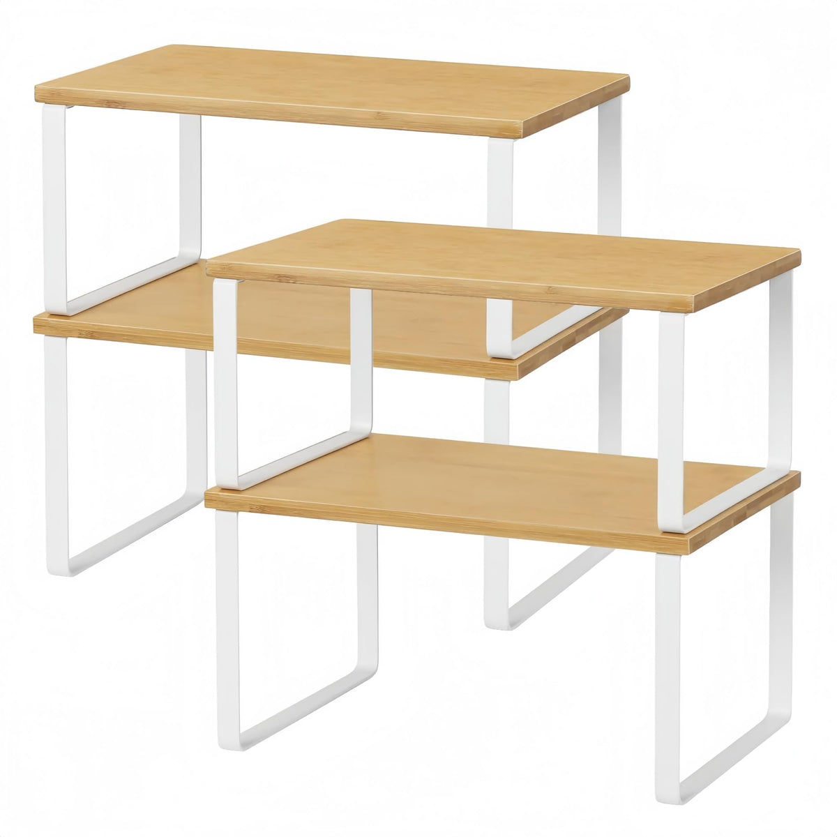 NEX bamboo kitchen shelf set with low and high levels for compact storage.