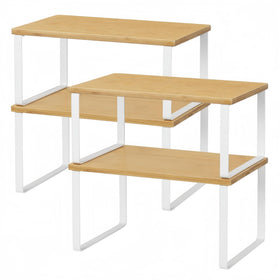 NEX bamboo kitchen shelf set with low and high levels for compact storage.