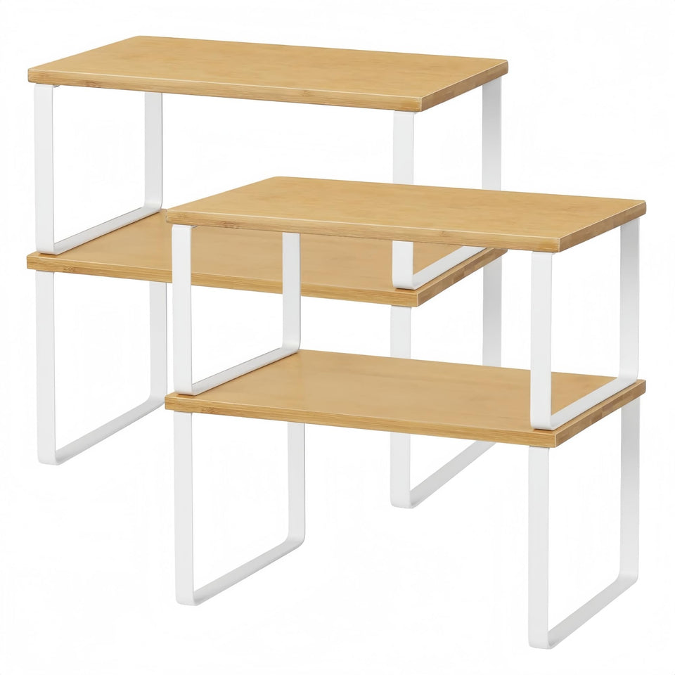 NEX bamboo kitchen shelf set with low and high levels for compact storage.
