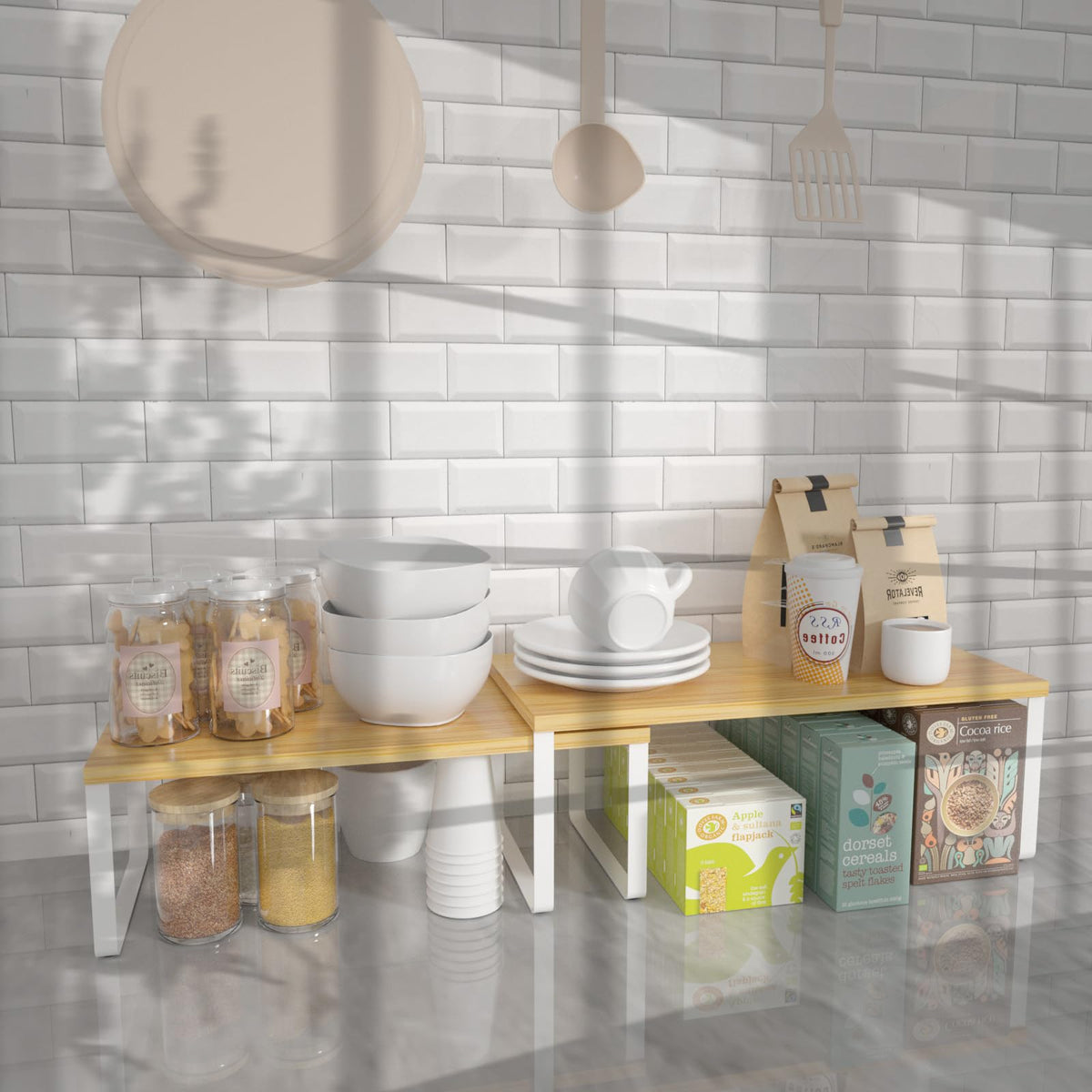NEX four-pack shelving solution suits kitchen, pantry, and decor.