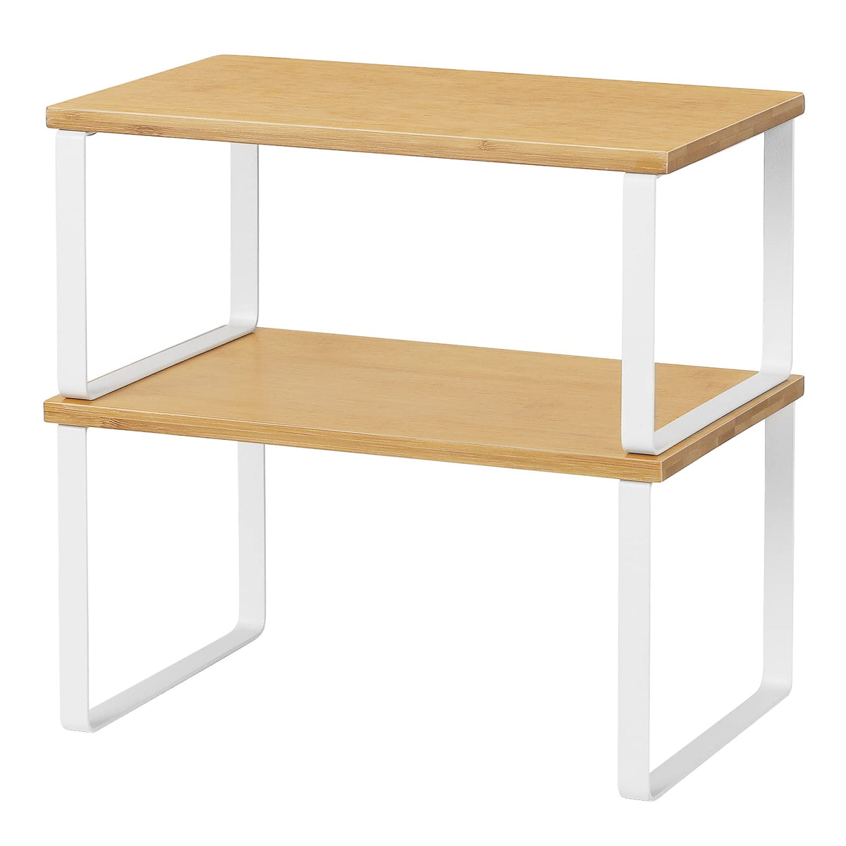 NEX stackable low shelf in wood and metal for compact cabinet storage.