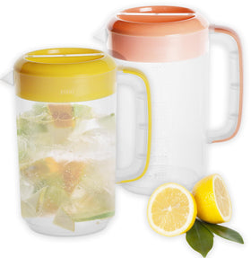 Nexboraque 2-pack 1-gallon pitchers with pink and yellow lids for easy serving.