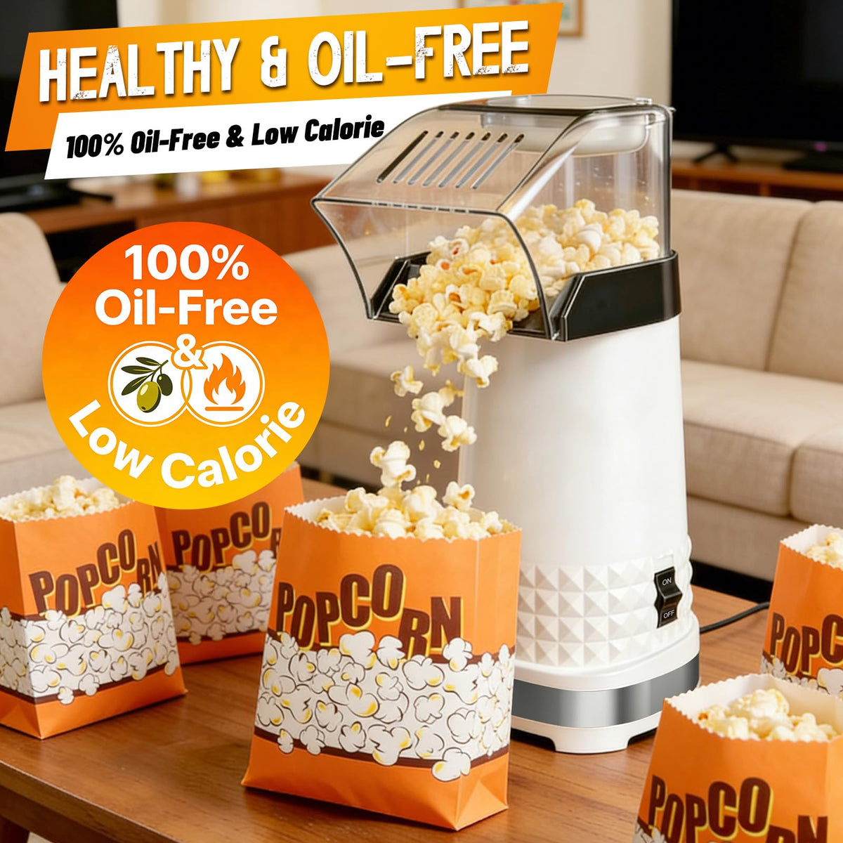 Neximvanuxn popcorn popper side view highlighting sleek design