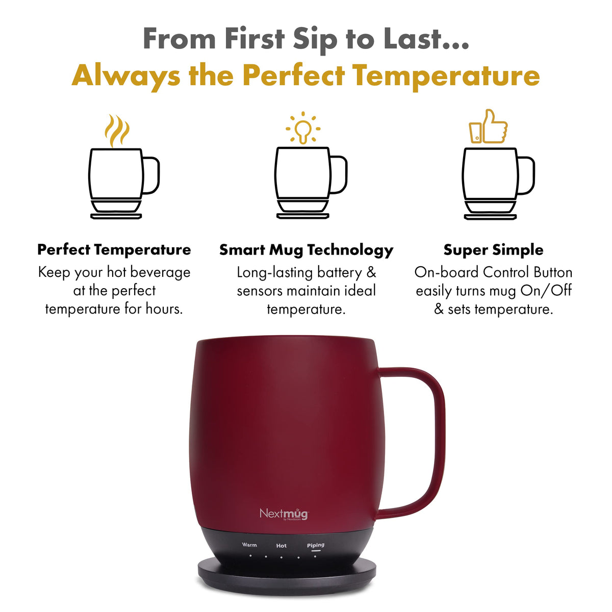 Nextmug burgundy 14 oz temperature controls close-up shows preset options