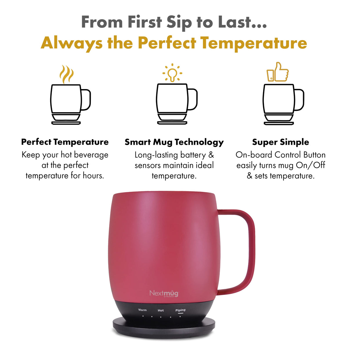 Nextmug Dusty Rose temp setting button enables precise warmth without apps