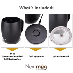 Nextmug LED indicators show battery level and real-time temperature for easy monitoring.