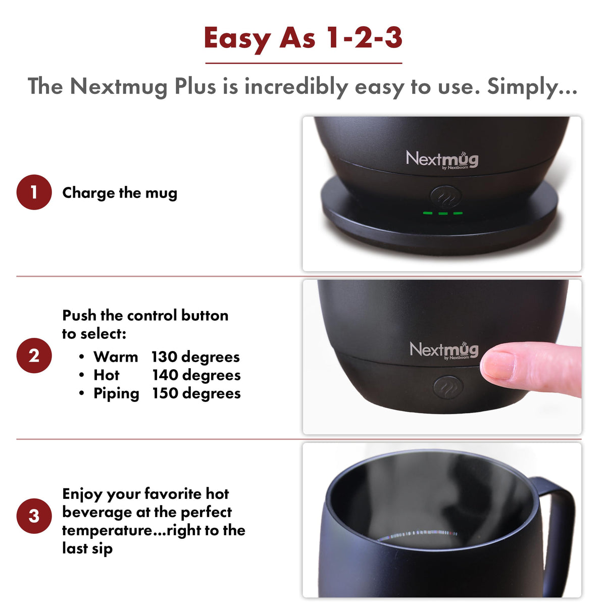 Nextmug Plus in use on a desk keeping beverage at ideal temperature.