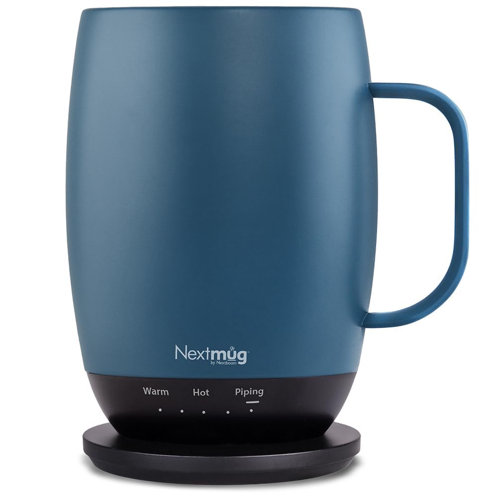 Nextmug Plus slate blue 18oz mug on dock showing convenient charging and temperature control