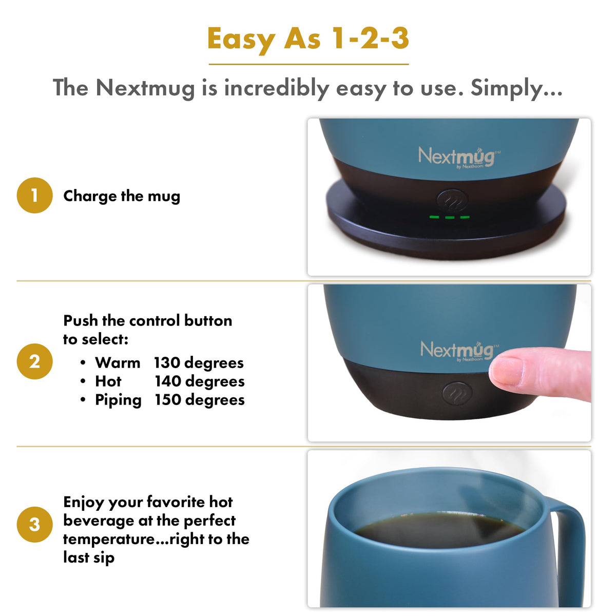 Nextmug Slate Blue 14 oz on docking coaster for easy charging.